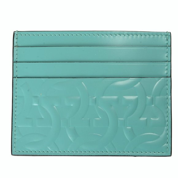 Salvatore Ferragamo Men's Turquoise Blue Logo Print 100% Leather Card Case - Picture 1 of 4